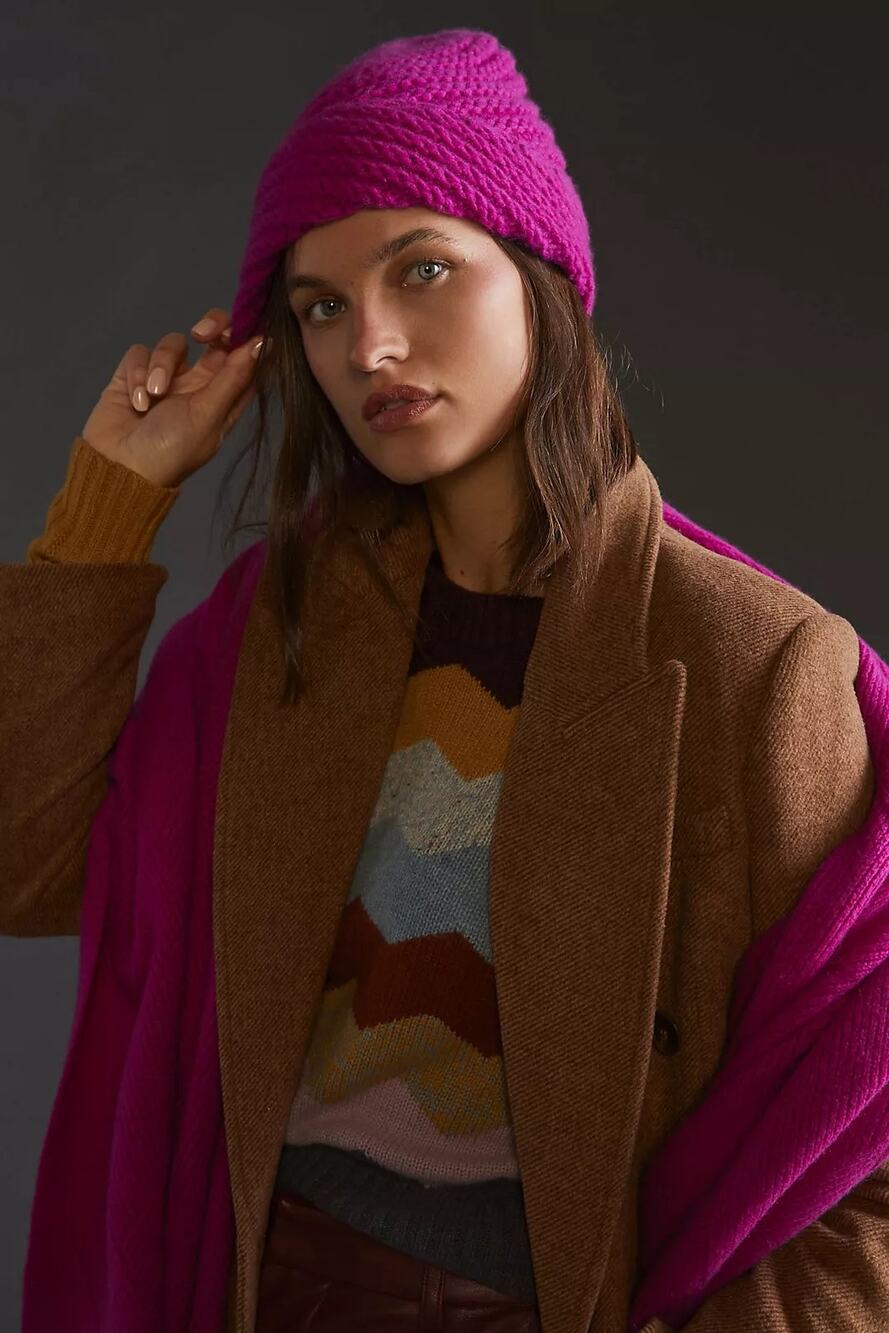 Anthropologie 100% Cashmere Ribbed Knit Beanie Hat in Fuchsia Magenta OS EUC.